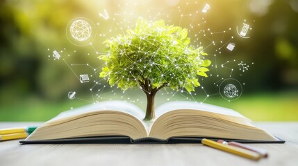 Green tree growing from open book, surrounded by knowledge icons, on wooden table.