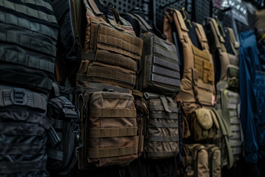 Various tactical vests and plate carriers displayed, highlighting their molle webbing and pouches for military or law enforcement use