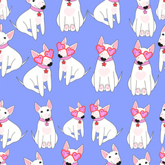 Seamless pattern with bull terrier. Cute dogs with heart shape sunglasses hand drawn illustration.