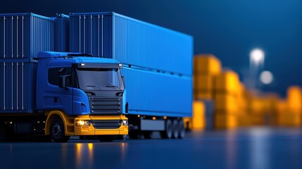 Blue Freight Truck with Containers in Warehouse at Night Scene