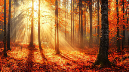 Obraz premium Sunlight filtering through an enchanting autumn forest scene