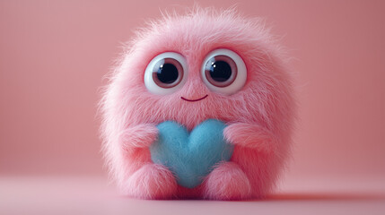 Fototapeta premium A cute pink wool monster with big eyes, a blue heart-shaped belly. Copy space, place for text, funny horizontal postcard or poster for Valentines Day