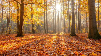Fototapeta premium Autumn forest scene with golden leaves and sunlit trees