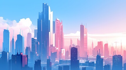 Sleek city skyline with towering buildings and a clean, modern aesthetic, creating a sense of progress