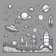 Stunning pixel art depicting a cosmic space scene with rockets and planets.