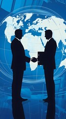 Obraz premium A businessman shaking hands with a silhouette of the world map behind him, in blue tones