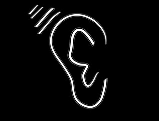 A simple image of white lines on a black background of the human right ear.