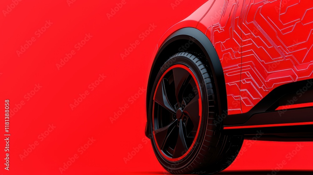 Aufkleber futuristic car design with circuit patterns on vibrant red background