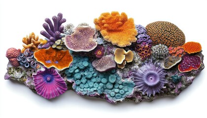A Vibrant Coral Reef Mosaic, An Underwater Garden of Textures and Colors, Featuring a Diverse Array of Coral Species on a Rocky Base,
