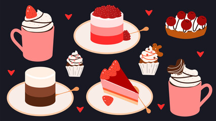 Dessert set with cupcakes, frappe coffee and tart. Cartoon flat style illustration.