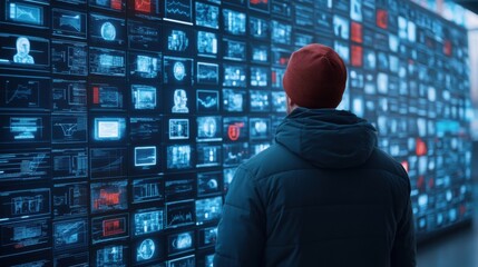 Person Analyzing Data Display on Digital Wall with Infographics and Interface Elements in Modern Environment