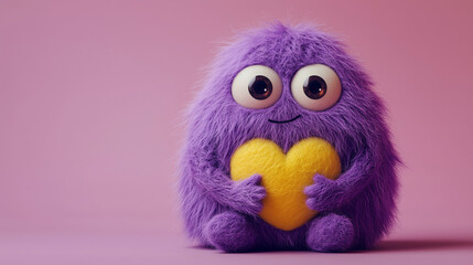 Fototapeta premium A cute purple wool monster with big eyes, a yellow heart-shaped belly. Copy space, place for text, funny horizontal postcard or poster for Valentines Day