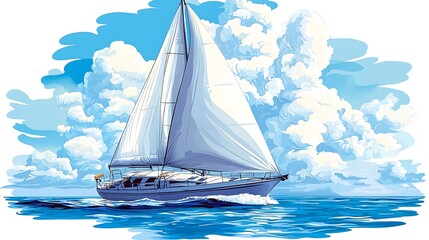 Fototapeta premium A sailboat glides gracefully across a vibrant blue ocean under a dramatic sky filled with fluffy white clouds.