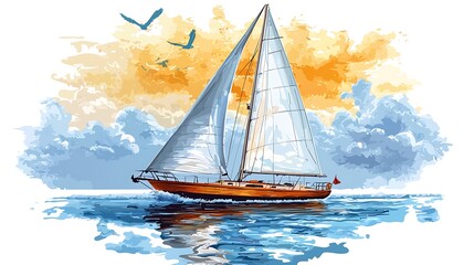 Fototapeta premium A sailboat glides across the ocean under a vibrant sunset sky, with birds in flight adding to the serene scene.