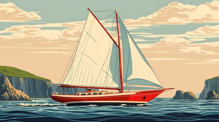 Fototapeta premium A red sailboat glides gracefully across the ocean, passing by dramatic coastal cliffs under a soft, pastel sky.