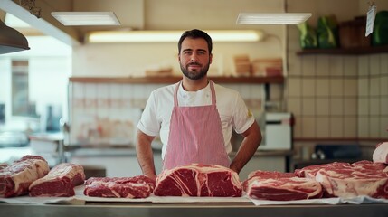 A dedicated butcher stands confidently behind a counter filled with various cuts of red meat, showcasing his craftsmanship in a lively market atmosphere.