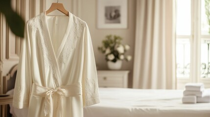 Elegant cream robe, lace detail, bedroom setting.
