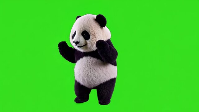 Looped dancing baby Panda bear isolated on green chroma key background. Full body shot, alpha transparent overlay