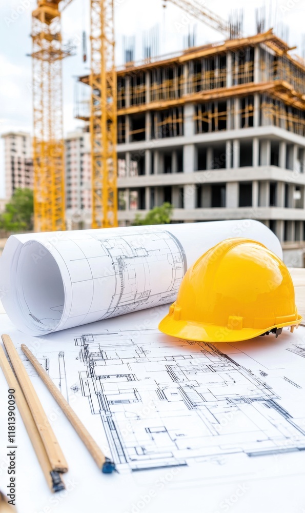 Poster construction site with blueprints and safety helmet on table surrounded by developing skyscraper bac