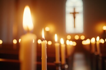 Burning candles illuminating chapel interior with crucifix in background