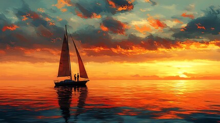 Romantic Couple Silhouetted on Sailboat at Sunset, Painted Style.