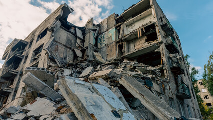 destroyed and burned houses in the city in Ukraine