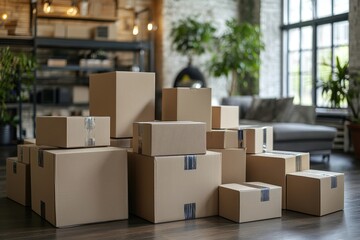 Cardboard box, package or delivery service business background for courier company, new home and gifts. Neat, pile or packed boxes against a yellow background for storage, Generative AI