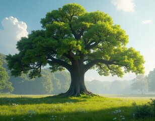 Fototapeta premium Majestic oak tree standing tall in a vibrant forest‚ sunlight streaming through the leaves. World earth day concept