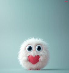 Obraz premium A cute white wool monster with big eyes, a red heart-shaped belly. Copy space, place for text, funny vertical postcard or poster for Valentines Day