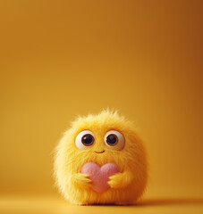 Obraz premium A cute yellow wool monster with big eyes, a зштл heart-shaped belly. Copy space, place for text, funny vertical postcard or poster for Valentines Day