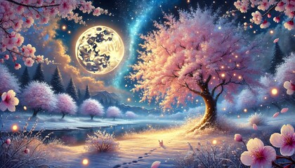 A Serene Snowy and Cherry Blossom Landscape with Golden Moonlight and Ethereal Details