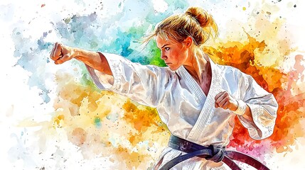 Powerful Watercolor-Style Portrait of a Female Karateka Executing a Punch.