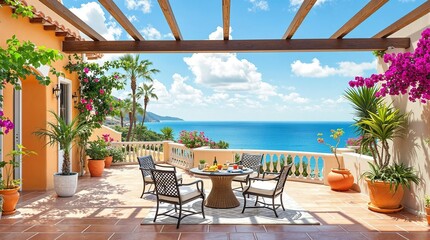 Fototapeta premium Mediterranean Terrace Dream: A serene patio overlooking the sparkling blue Mediterranean Sea, with lush greenery, terracotta pots, and a charming dining table.