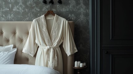 Lace-trimmed robe hangs bedroom, textured wall.