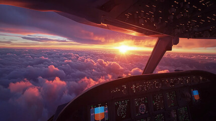 Stunning sunrise view from inside an airplane cockpit