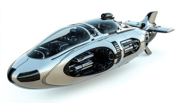Futuristic Personal Submersible Craft, A High-Tech Rendering of a Sleek, Silver Submarine with Visible Internal Mechanics and a Panoramic View Cockpit