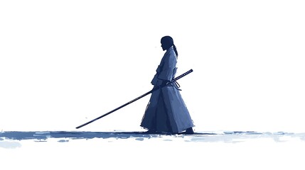 A lone samurai walks across a minimalist landscape, his katana sheathed at his side, a symbol of strength and serenity.