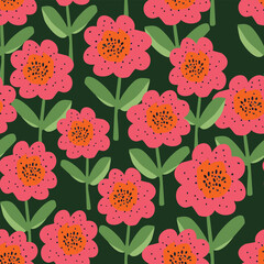 seamless pink hand drawn flowers pattern on green background
