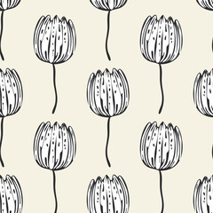 seamless monochrome hand drawn tulip flowers pattern background