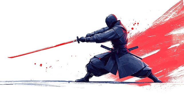 A stylized illustration of a ninja wielding a katana, depicted in a dynamic pose against a red and white abstract background.