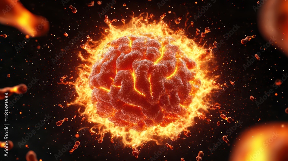 Poster flaming brain in cosmic space with fiery particles surrounding it