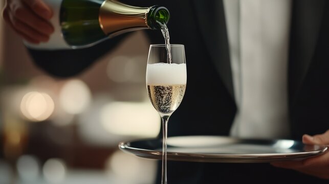 Waiter is pouring sparkling wine from a bottle into a tall elegant glass placed on a silver tray, creating a luxurious and celebratory atmosphere in a fine dining restaurant setting