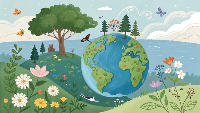 Vibrant earth illustration with diverse flora and fauna