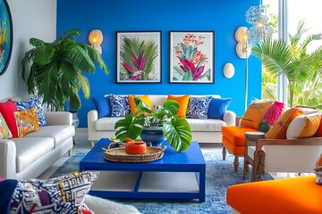 A vibrant Caribbean-inspired living room with bright blue walls, colorful furniture, and tropical plants.