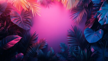 Vibrant jungle foliage with colorful lighting effects at dusk