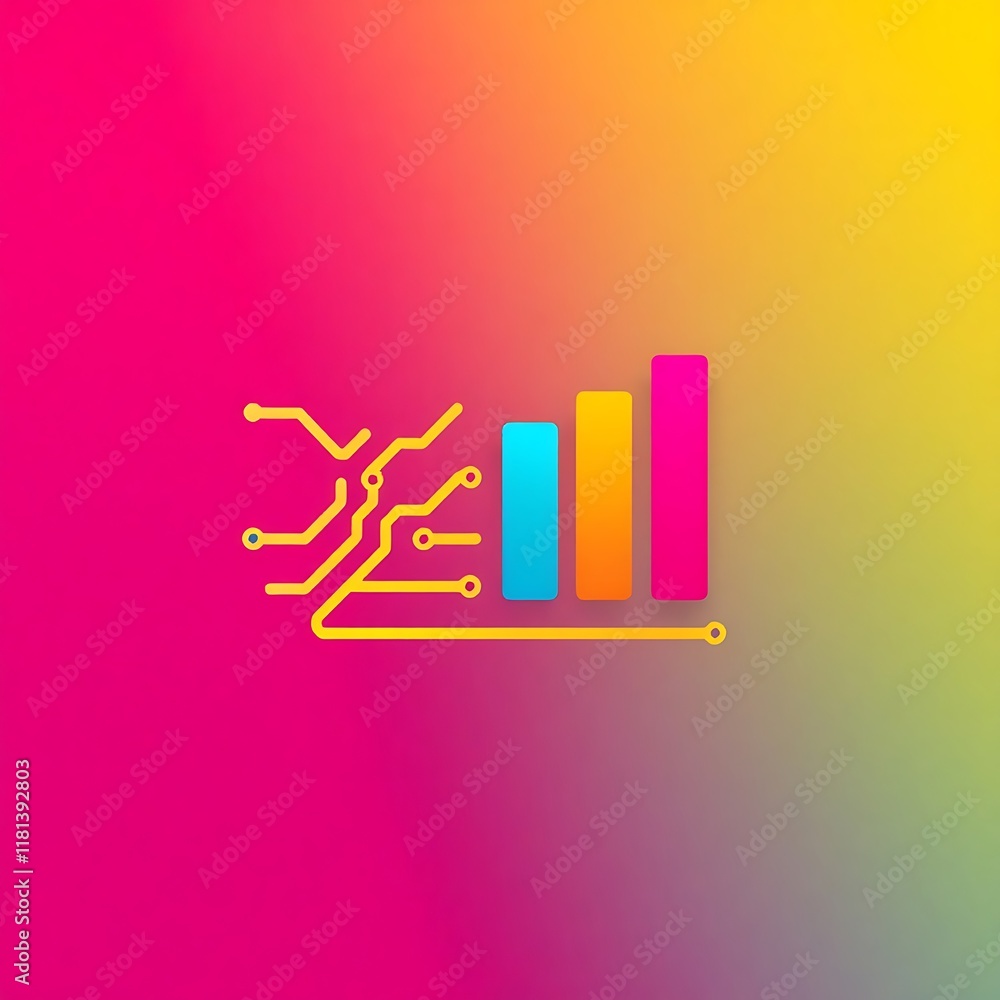 Aufkleber digital growth: a vibrant, abstract illustration with a bar graph rising amidst interconnected circu