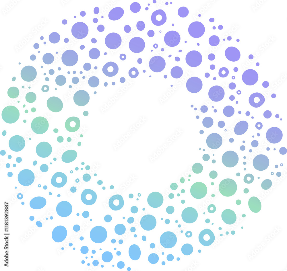 Poster abstract circular composition of colorful dots transitioning from purple to green, symbolizing conne