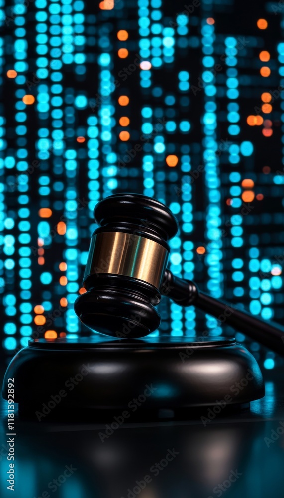 Poster judge s gavel and digital binary code symbol of law, technology, and justice in the digital age.