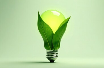 glowing lightbulb with green leaves inside concept eco-friendly energy