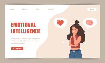 Emotional intelligence. Landing page template. Young woman choosing between Feelings and Mind. Vector illustration in flat cartoon style.